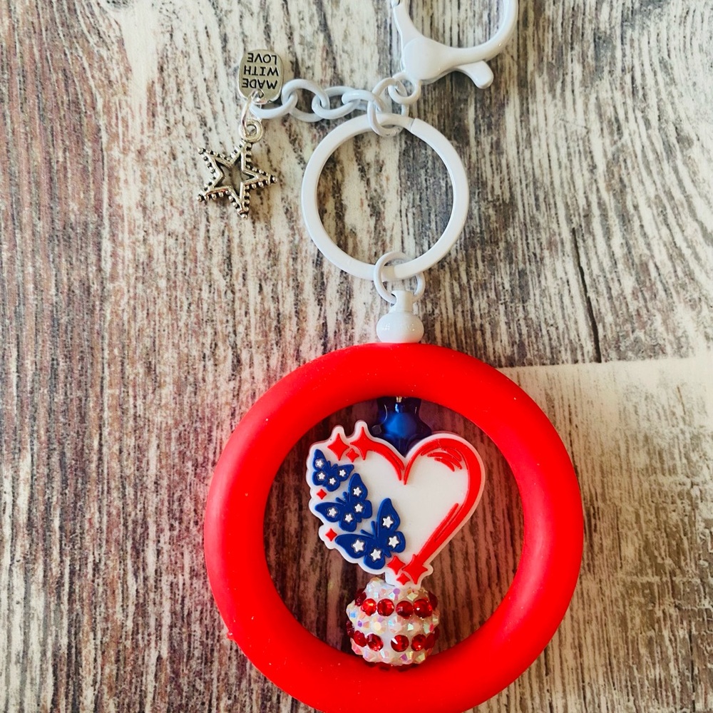 Patriotic Heart Keychain with Red Ring